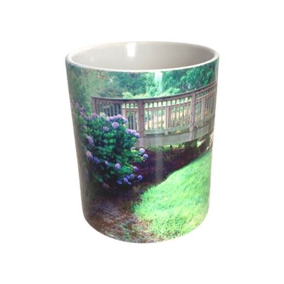 NEW Gibbs Gardens Coffee Mug Colorful Ceramic Bridge Stream Hydrangea Flowers - Picture 2 of 8
